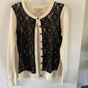 Banana Republic Women's Cream Black Wool Lace Overlay Button Up Cardigan S